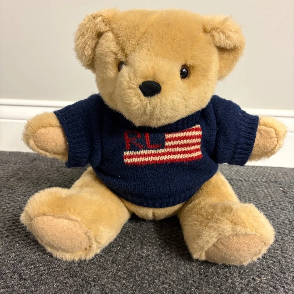 Vintage 1996 Ralph Lauren Teddy Bear Navy Blue American Flag Sweater Plush RL